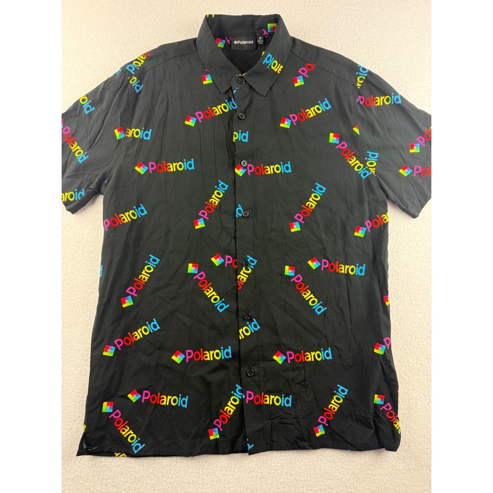 Polaroid Mens Small Black Rainbow Logo All Over Print Rayon Button Down Shirt‎